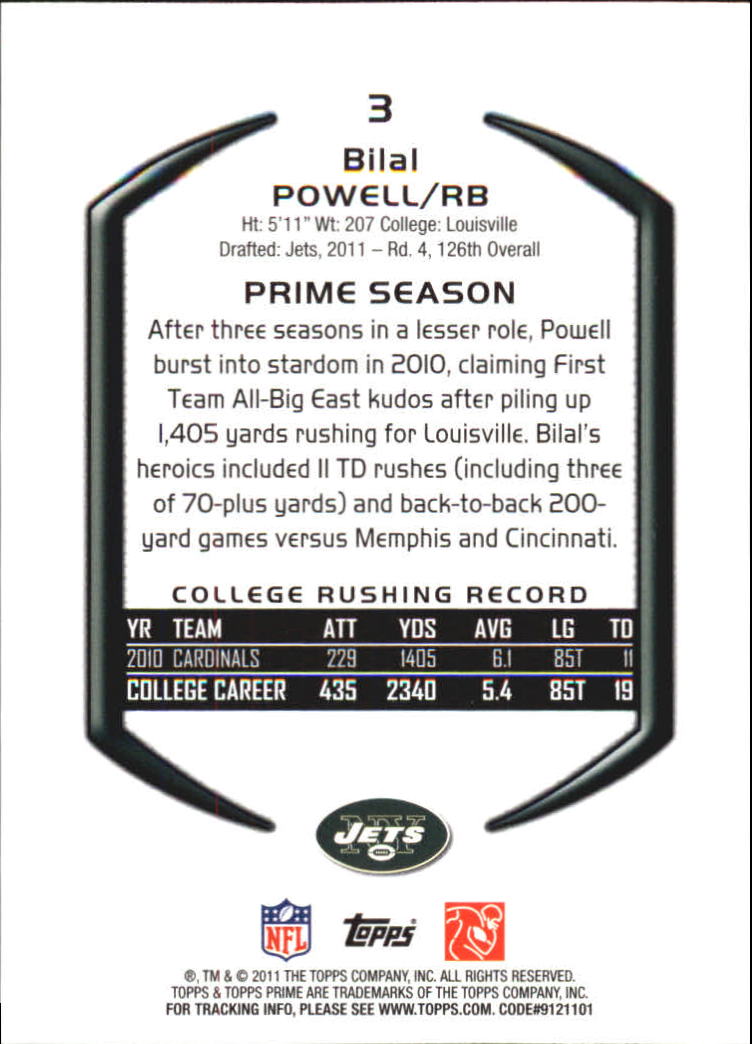 2011 Topps Prime Purple #3 Bilal Powell back image