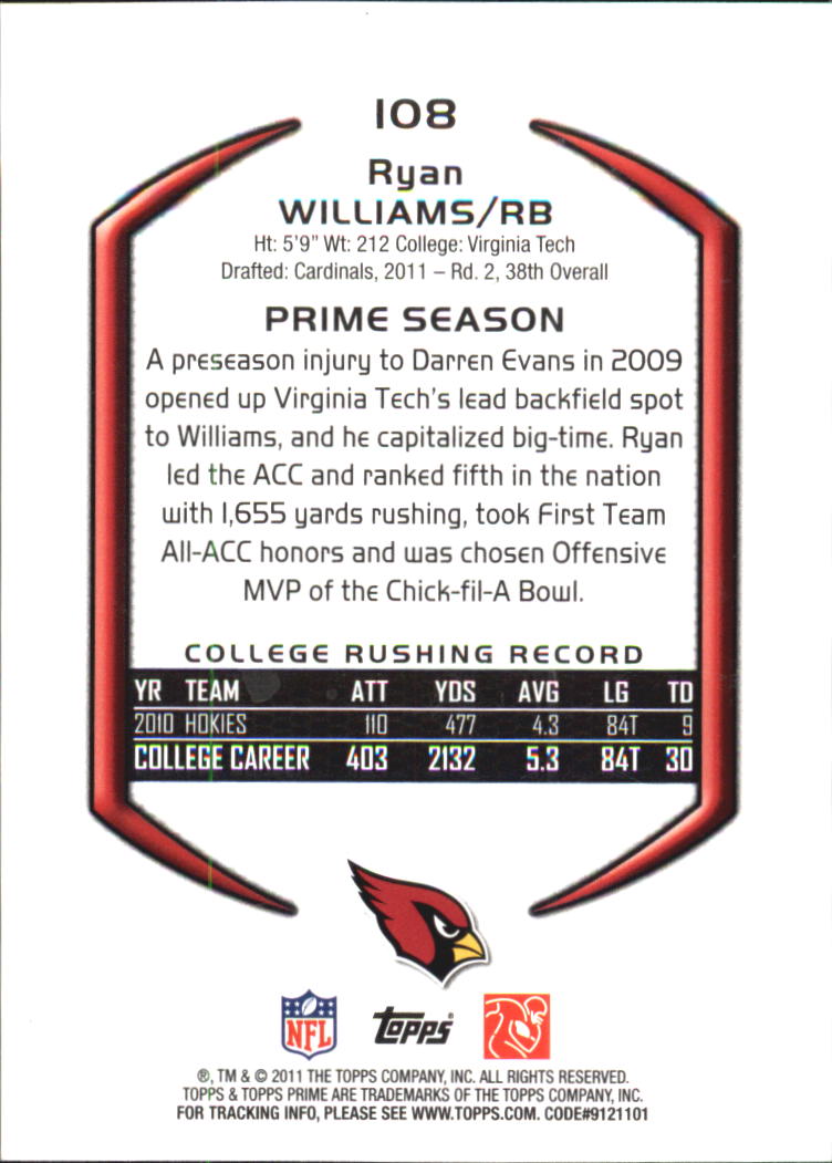 2011 Topps Prime Purple #108 Ryan Williams back image