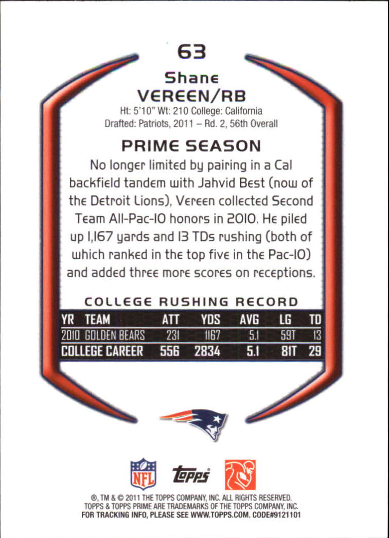 2011 Topps Prime Retail #63 Shane Vereen RC back image