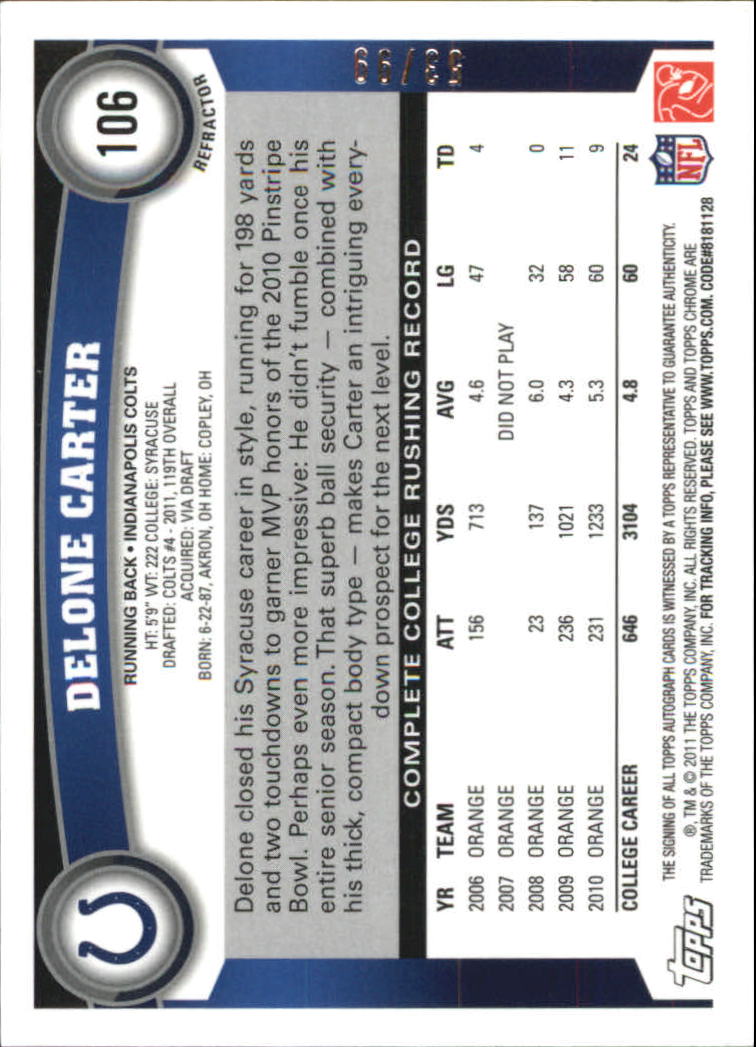 2011 Topps Chrome Rookie Autographs Refractors #106 Delone Carter
