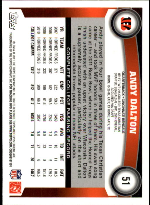 2011 Topps Chrome #51A Andy Dalton RC/(football in right hand) back image
