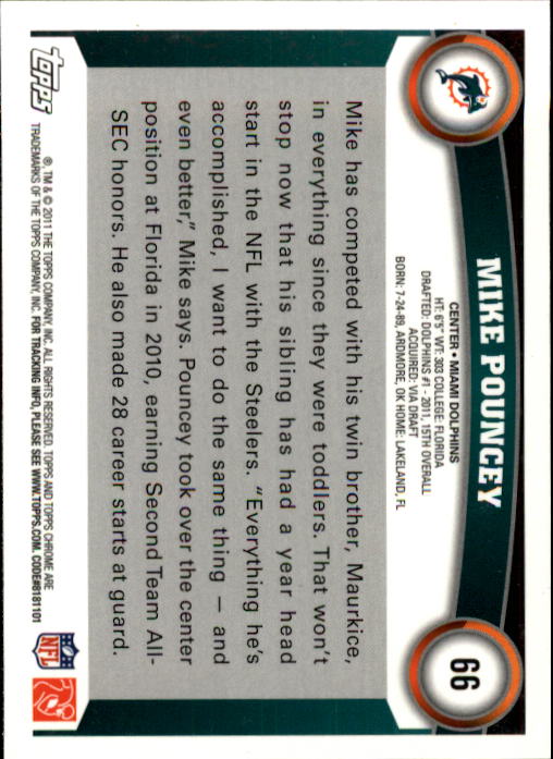 2011 Topps Chrome #66 Mike Pouncey RC back image