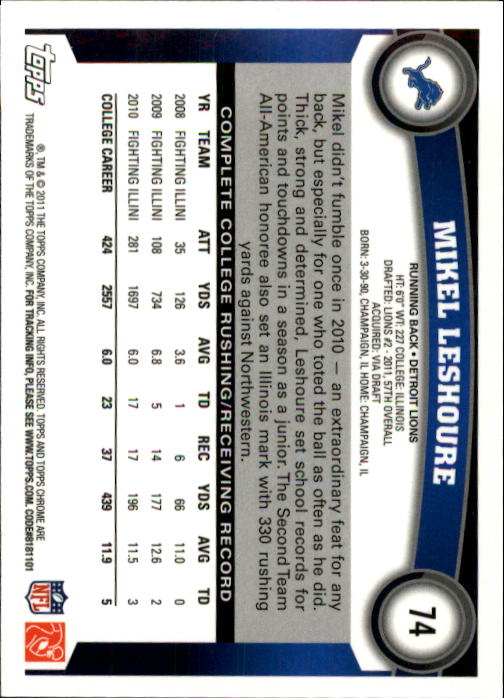 2011 Topps Chrome #74A Mikel Leshoure RC/(running the football) back image