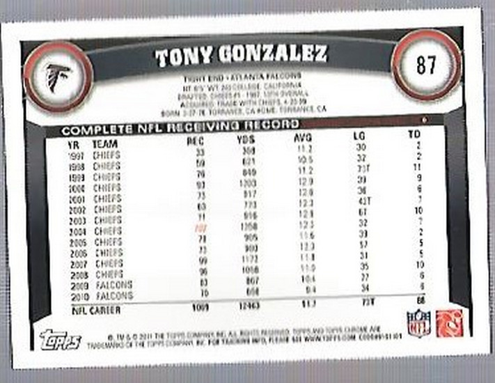 2011 Topps Chrome #87 Tony Gonzalez back image