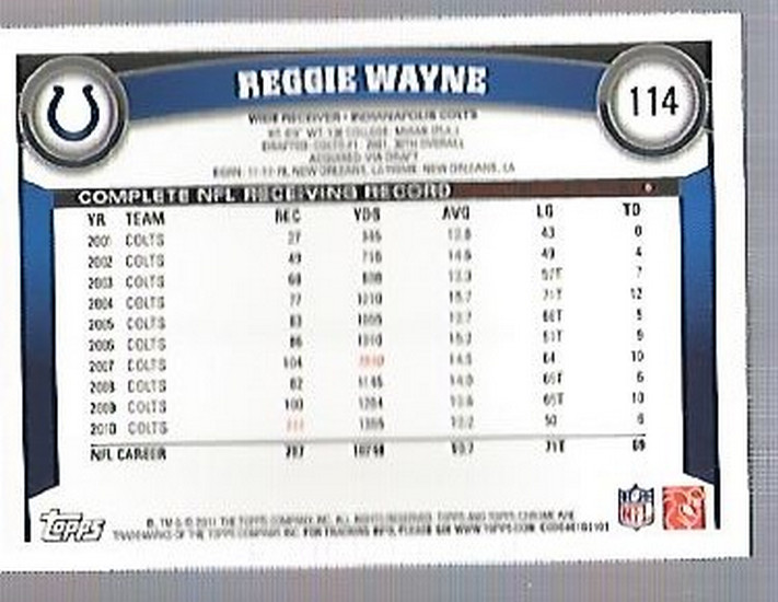 2011 Topps Chrome #114 Reggie Wayne back image