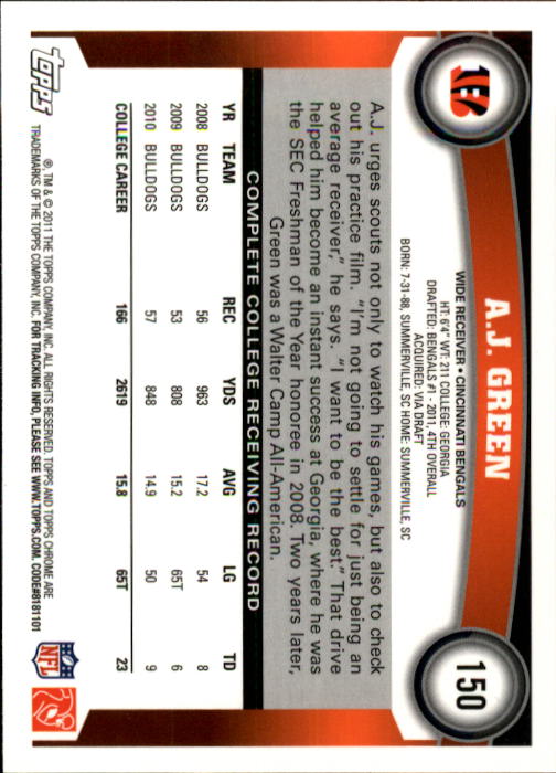 2011 Topps Chrome #150A A.J. Green RC/(running to the left) back image