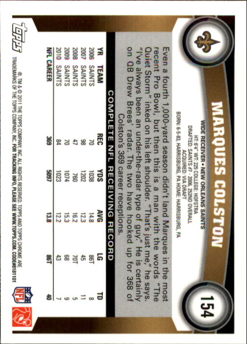 2011 Topps Chrome #154 Marques Colston back image