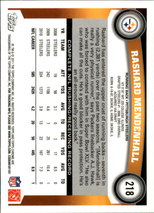 A1148- 2011 Topps Chrome FB Cards 1-220 +Rookies -You Pick- 15+ FREE US SHIP - Picture 377 of 381