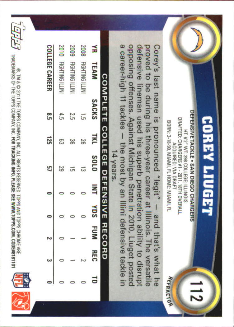 2011 Topps Chrome Orange Refractors #112 Corey Liuget back image