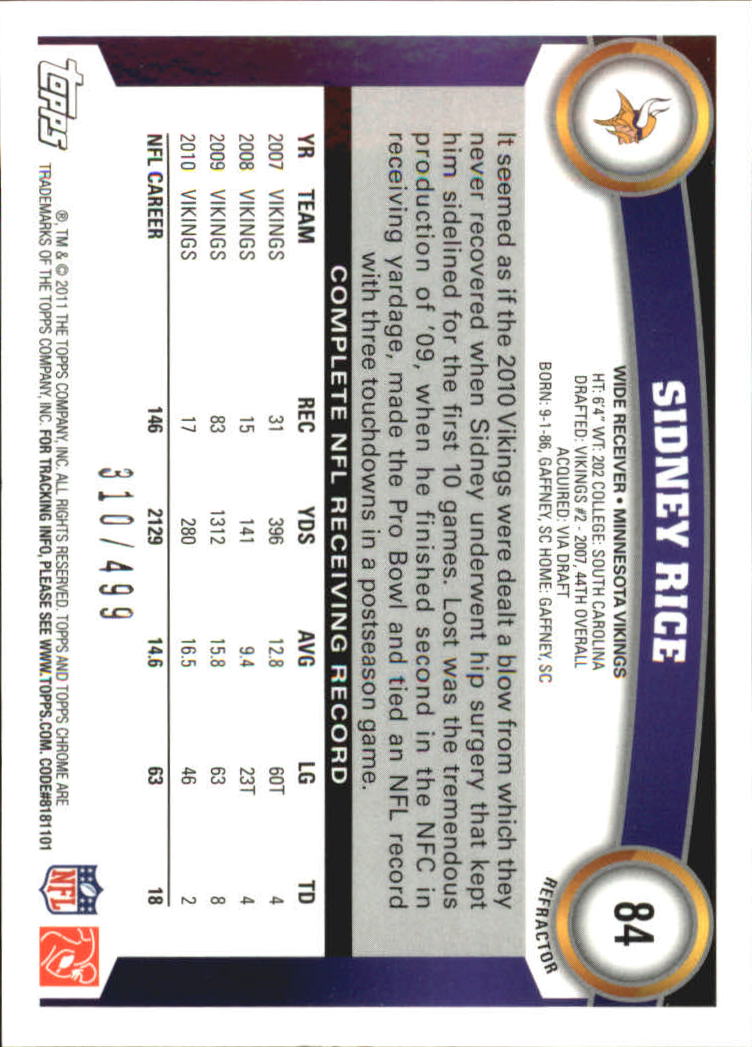 2011 Topps Chrome Purple Refractors #84 Sidney Rice back image