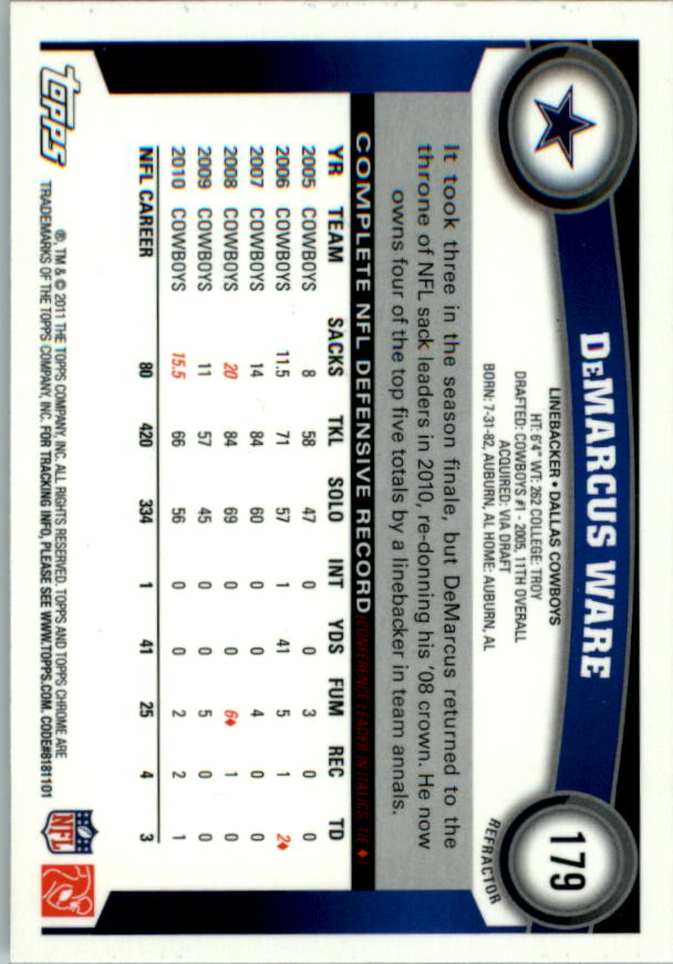 2011 Topps Chrome Xfractors #179 DeMarcus Ware back image