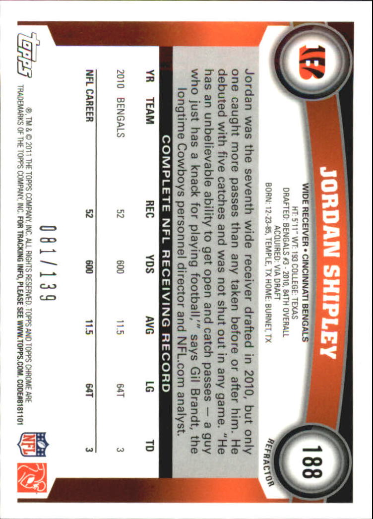 2011 Topps Chrome Crystal Atomic Refractors #188 Jordan Shipley