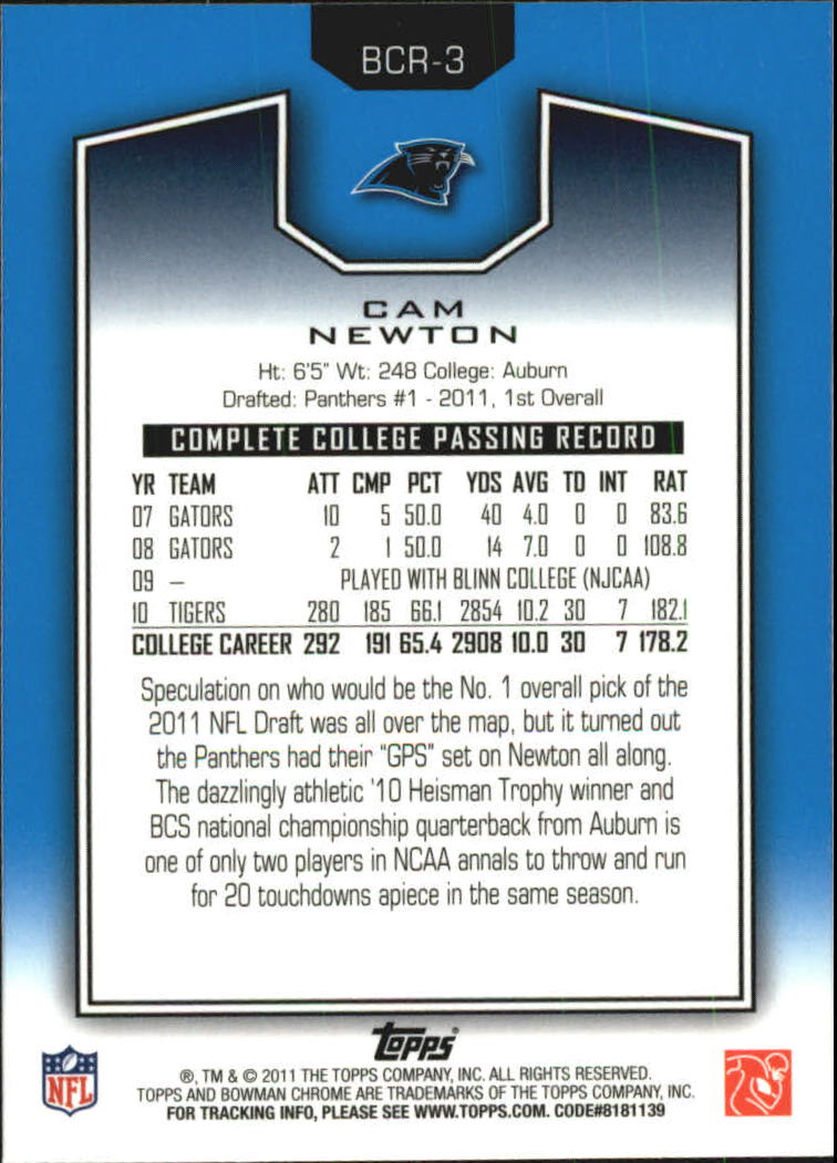2011 Bowman Chrome Rookie Preview Inserts #BCR3 Cam Newton back image