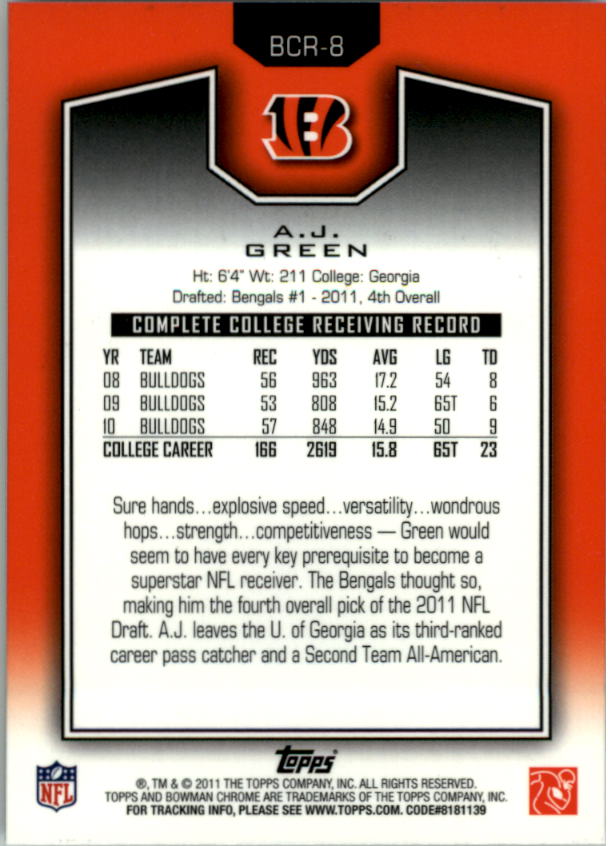 2011 Bowman Chrome Rookie Preview Inserts #BCR8 A.J. Green back image