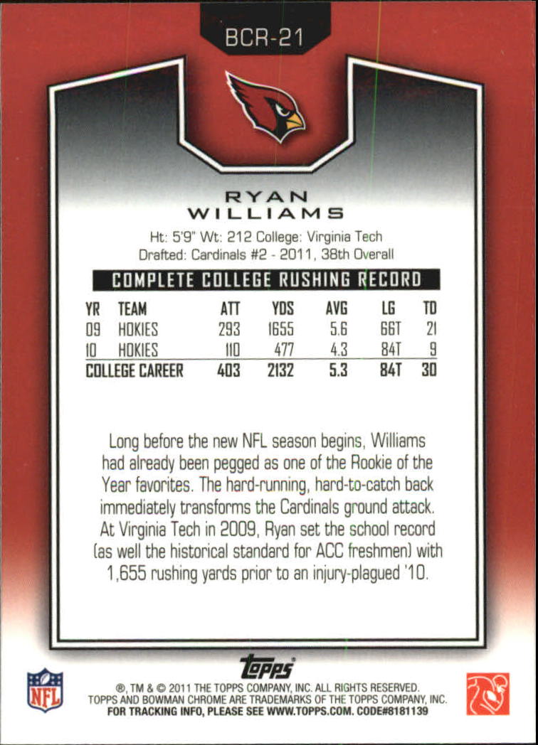 2011 Bowman Chrome Rookie Preview Inserts #BCR21 Ryan Williams back image