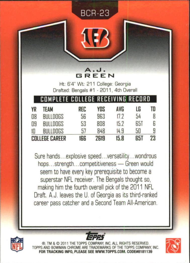 2011 Bowman Chrome Rookie Preview Inserts #BCR23 A.J. Green back image