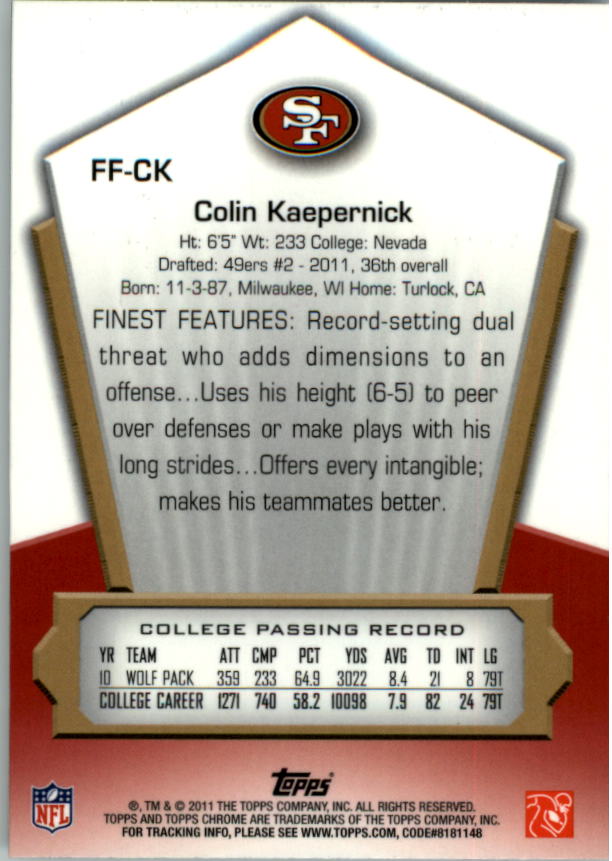 2011 Topps Chrome Finest Freshman #FFCK Colin Kaepernick back image