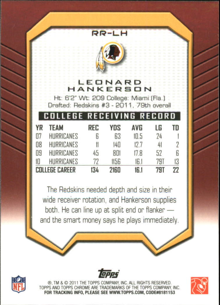 2011 Topps Chrome Rookie Recognition #RRLH Leonard Hankerson back image