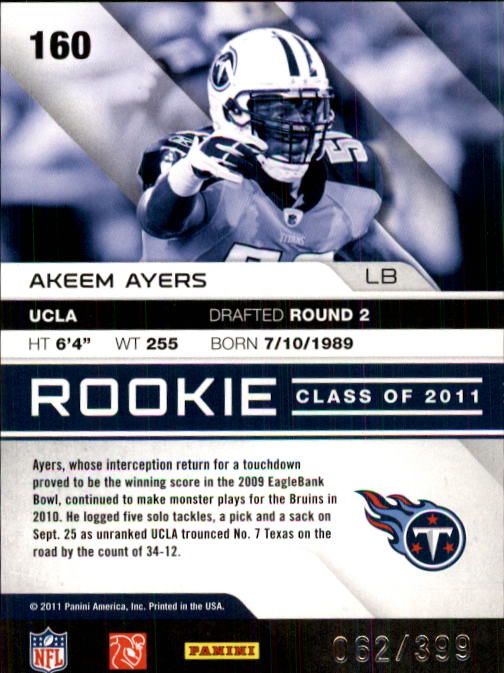 2011 Absolute Memorabilia #160 Akeem Ayers RC back image