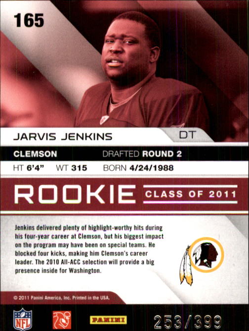 2011 Absolute Memorabilia #165 Jarvis Jenkins RC back image