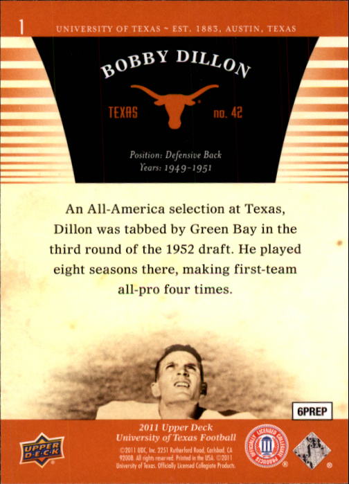 2011 Upper Deck Texas #1 Bobby Dillon back image