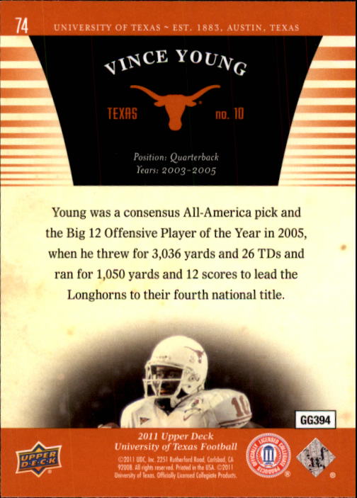 2011 Upper Deck Texas #74 Vince Young back image