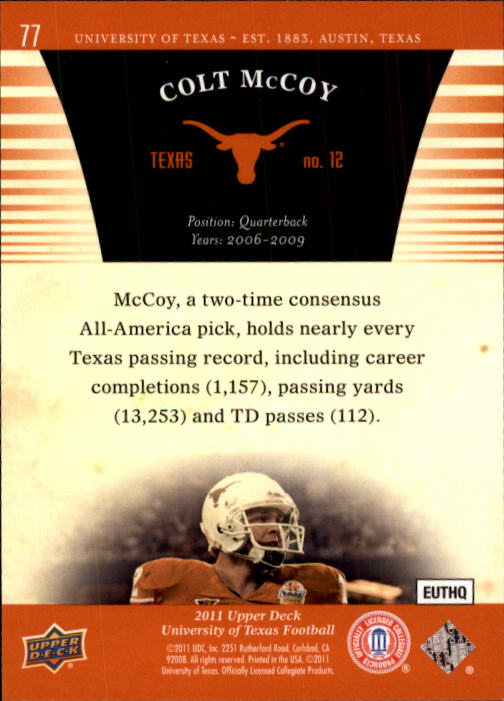 2011 Upper Deck Texas #77 Colt McCoy back image