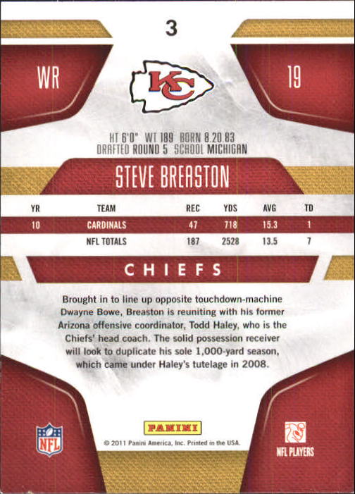 2011 Certified #3 Steve Breaston back image