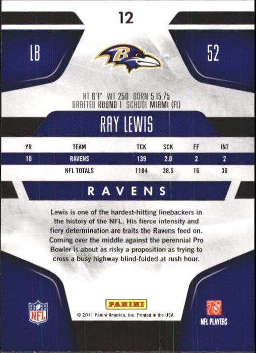2011 Certified #12 Ray Lewis back image