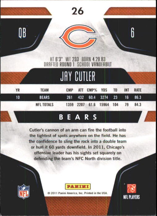2011 Certified #26 Jay Cutler back image