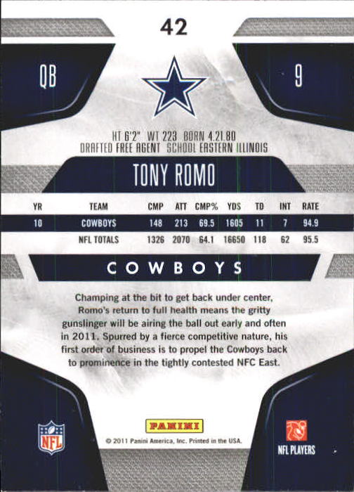 2011 Certified #42 Tony Romo back image