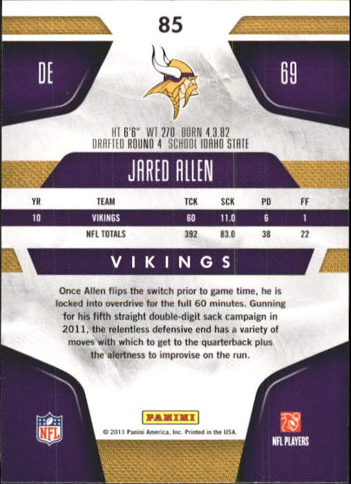 2011 Certified #85 Jared Allen back image