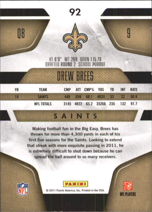 2011 Certified #92 Drew Brees back image