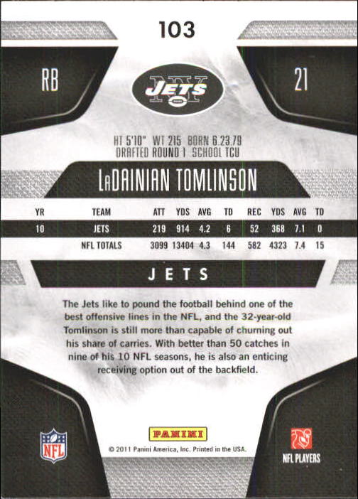 2011 Certified #103 LaDainian Tomlinson back image