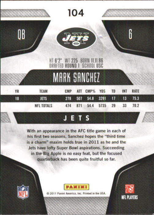 2011 Certified #104 Mark Sanchez back image