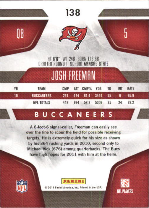 2011 Certified #138 Josh Freeman back image