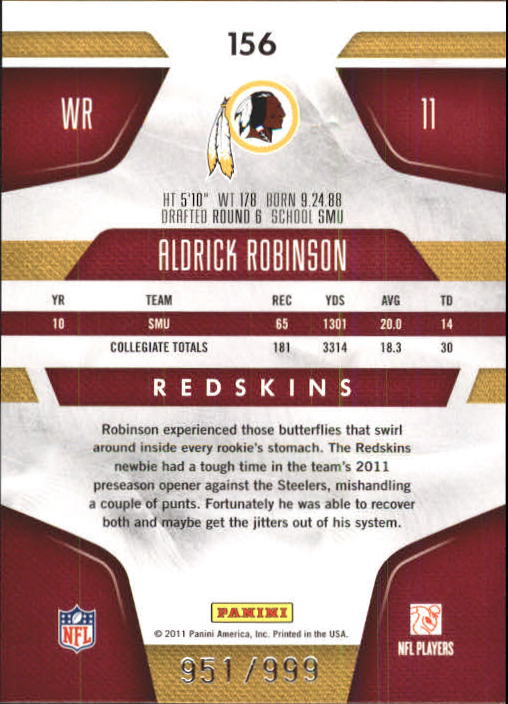 2011 Certified #156 Aldrick Robinson RC back image