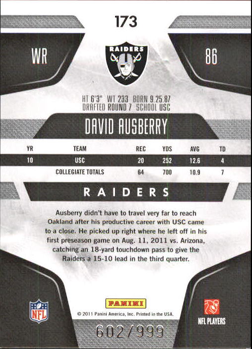 2011 Certified #173 David Ausberry RC back image