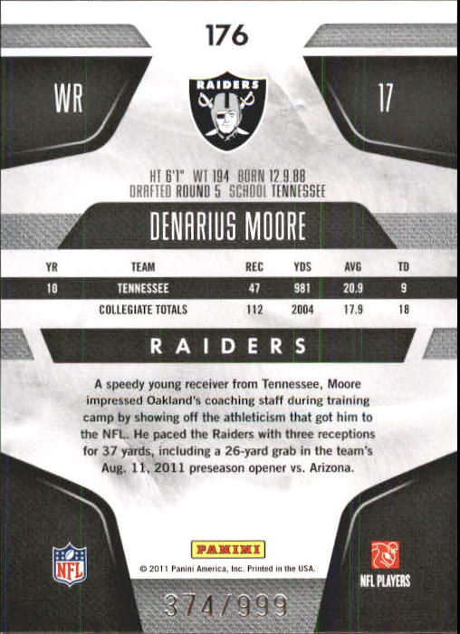 2011 Certified #176 Denarius Moore RC back image