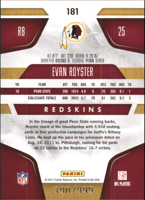 2011 Certified #181 Evan Royster RC back image