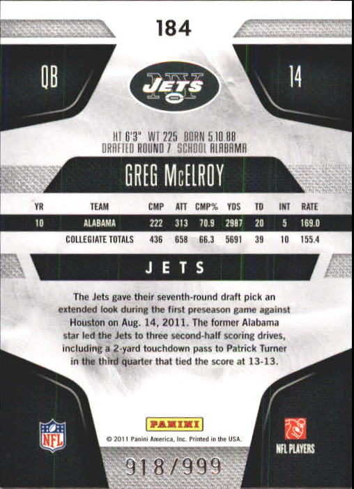 2011 Certified #184 Greg McElroy RC back image