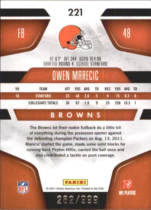 2011 Certified #221 Owen Marecic RC back image