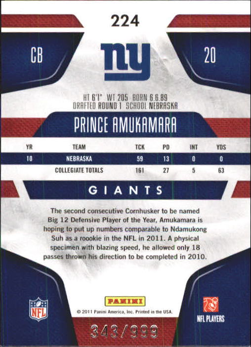 2011 Certified #224 Prince Amukamara RC back image