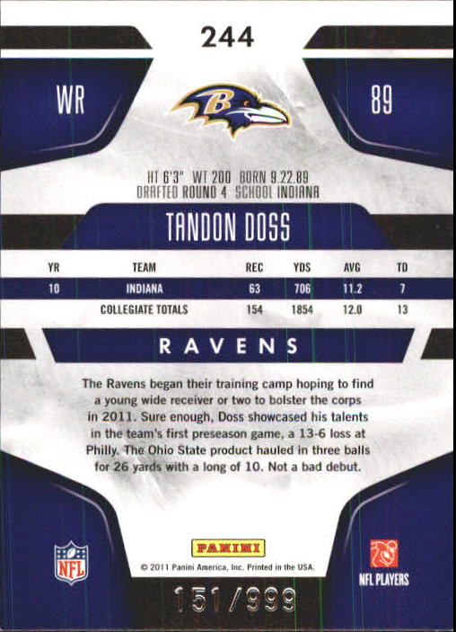 2011 Certified #244 Tandon Doss RC back image