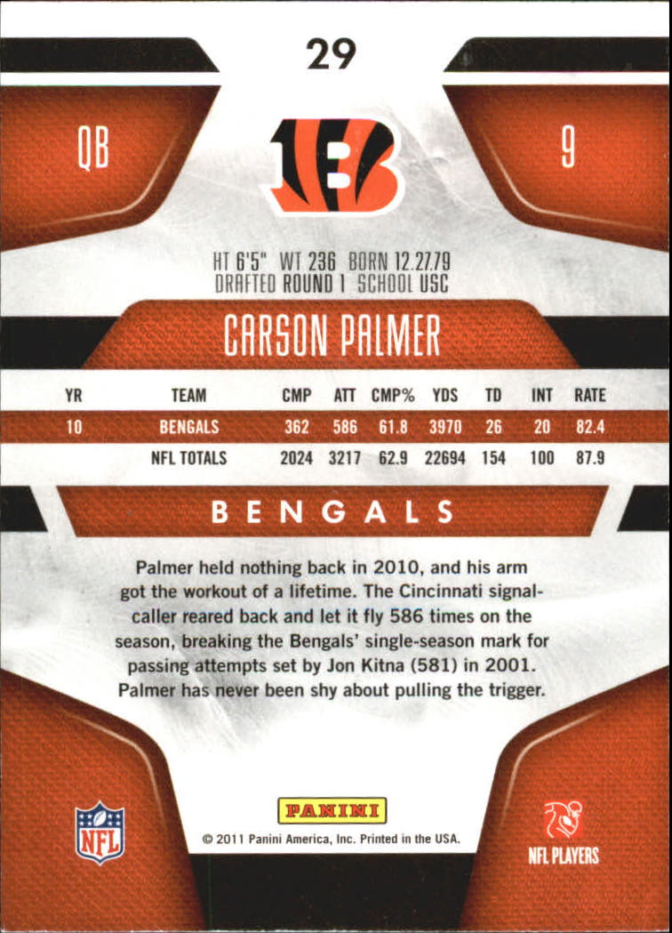 2011 Certified Platinum Red #29 Carson Palmer back image