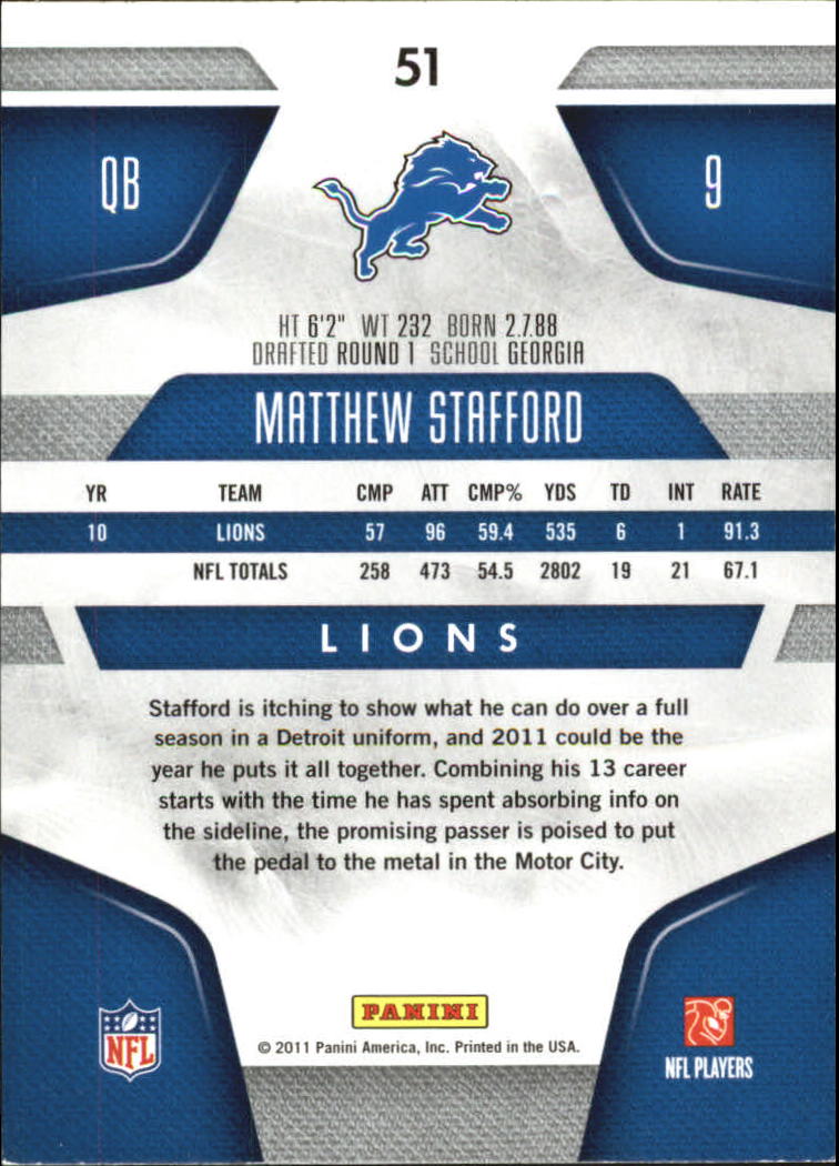 2011 Certified Platinum Red #51 Matthew Stafford back image