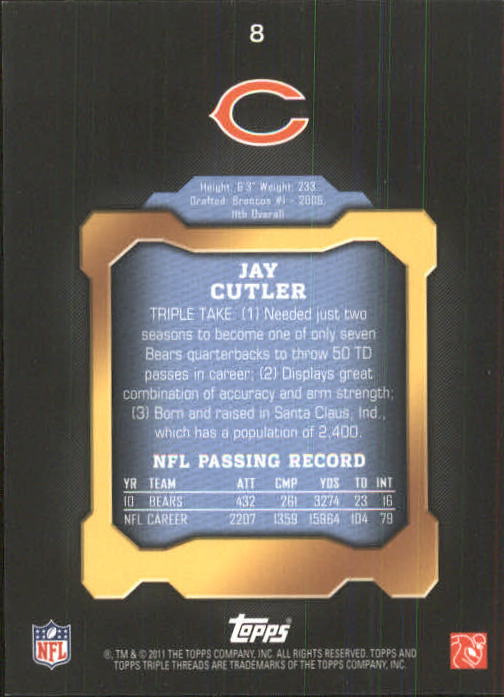 2011 Topps Triple Threads #8 Jay Cutler back image