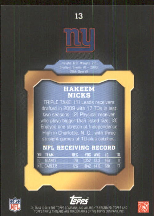 2011 Topps Triple Threads #13 Hakeem Nicks back image