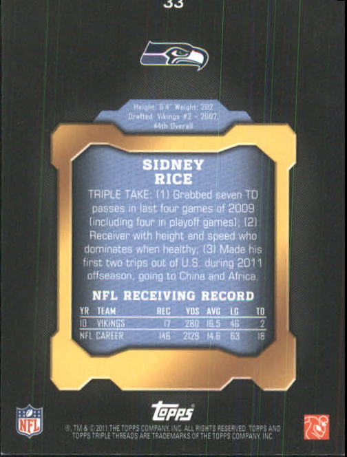 2011 Topps Triple Threads #33 Sidney Rice back image
