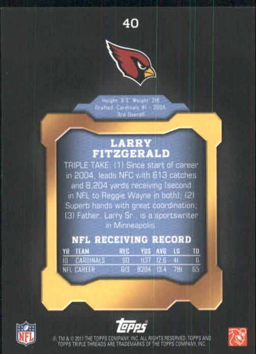 2011 Topps Triple Threads #40 Larry Fitzgerald back image